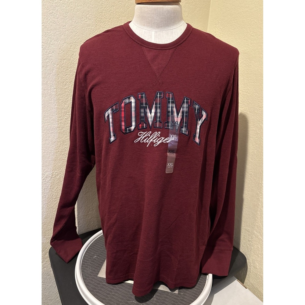 Tommy Hilfiger Mens‎ Waffle Knit Thermal Long Sleeve Shirt Plaid Logo Red Sz XXL
